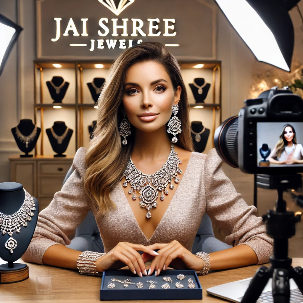 Model showcasing elegant jewelry from Jai Shree Jewels, featuring a stunning necklace, earrings, and bracelets in a well-lit studio setting.