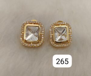 Pair of gold square earrings featuring a clear stone center and surrounding small clear stones.