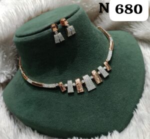 Jewelry set featuring a necklace and matching earrings with a sparkling design.