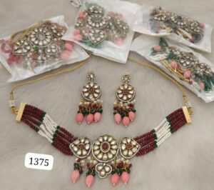 Traditional Indian jewelry set featuring a necklace and matching earrings with intricate designs and colorful beads.